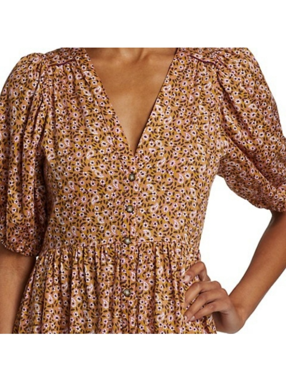 XIRENA Lennox Dress Honeysuckle Puff Sleeve Button Front Midi Brown Sz S - Picture 2 of 15